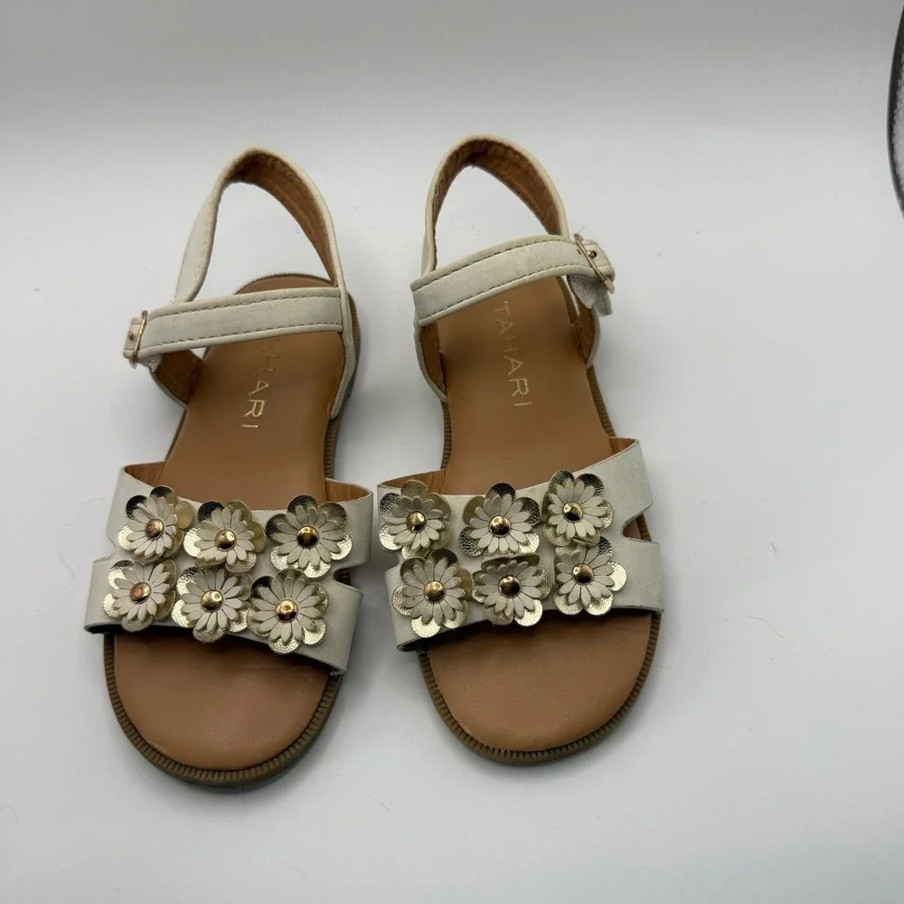 Tahari Girls White Gold Floral Applique Sandals Size 9 Toddler Dress Shoes